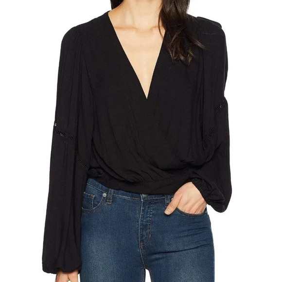FREE People Black Dream Girl Wrap Puff Sleeve Tie Crop  Blouse Size XS - Picture 1 of 11